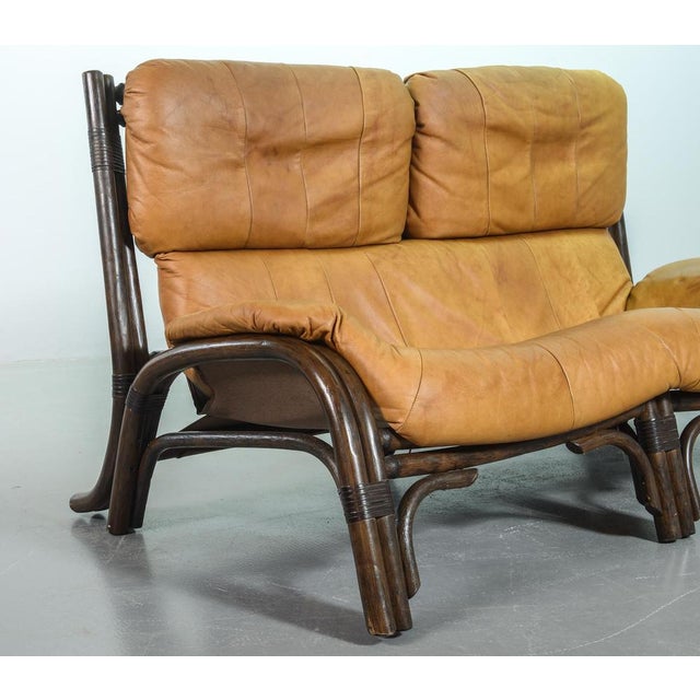 Brown Set of Brutalist Bentwood and Bamboo Love Seat Sofa and Lounge Chair with Caramel Leather Upholstery, 1960s For Sale - Image 8 of 17
