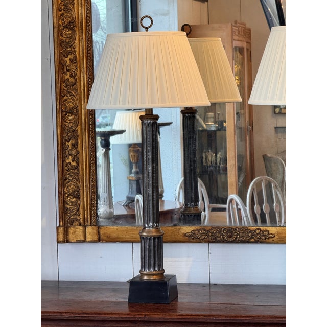 Traditional 1950s Metal Column Table Lamps in Bronze and Silver - a Pair For Sale - Image 3 of 13