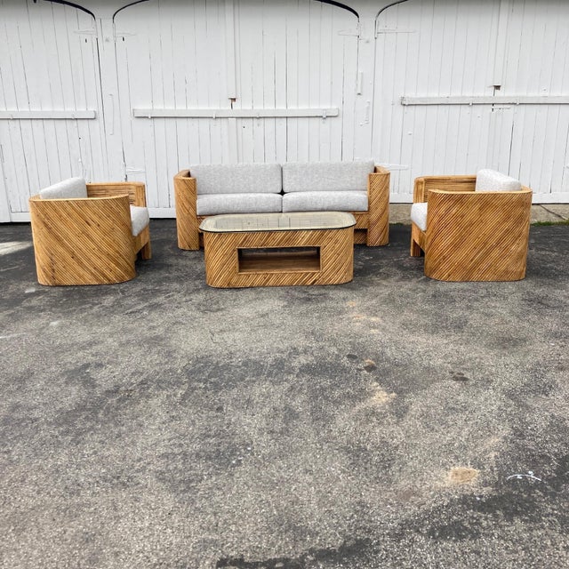 Brown Restored 1940s Pencil Bamboo, Rattan Sofa Set with Armchairs & Table, Italy For Sale - Image 8 of 13