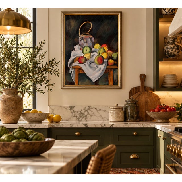 Striking vintage 1990s still life oil painting on canvas featuring a colorful arrangement of fruit, a decorative vessel,...
