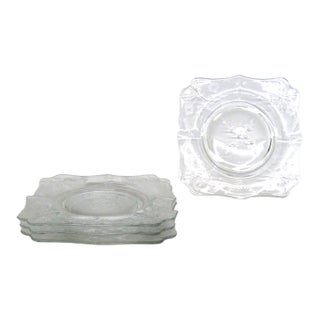 Clear Glass Square Plates 4pc Set With Floral Etched Motif Scalloped Edges 4852b For Sale