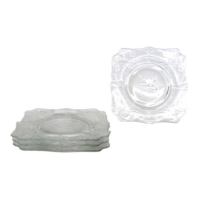 Clear Glass Square Plates 4pc Set With Floral Etched Motif Scalloped Edges 4852b For Sale