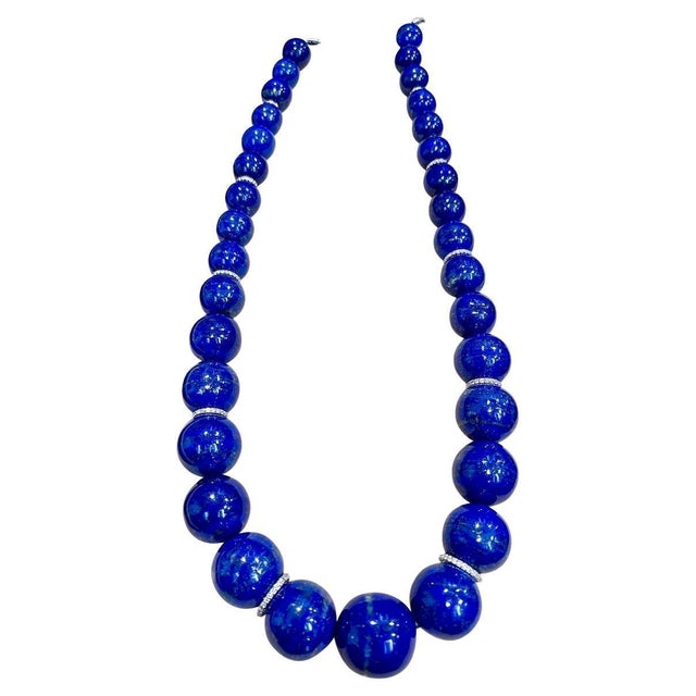 Certified Vintage Lapis Lazuli Single Strand Diamond Necklace 14 Kt White Gold For Sale - Image 17 of 18