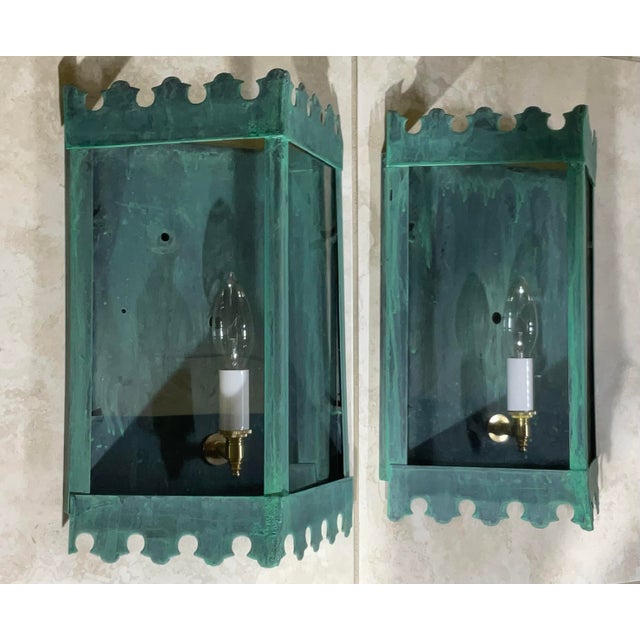 Pair of Artistic Vintage Patinated Metal Wall Lantern Sconces For Sale - Image 14 of 16