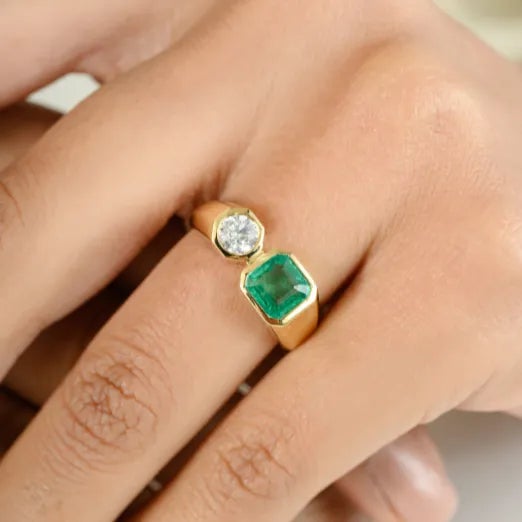 Two Stone Genuine Cushion Emerald Diamond Ring for Her in 18k Gold featuring natural emerald of 0.91 carats and diamonds...