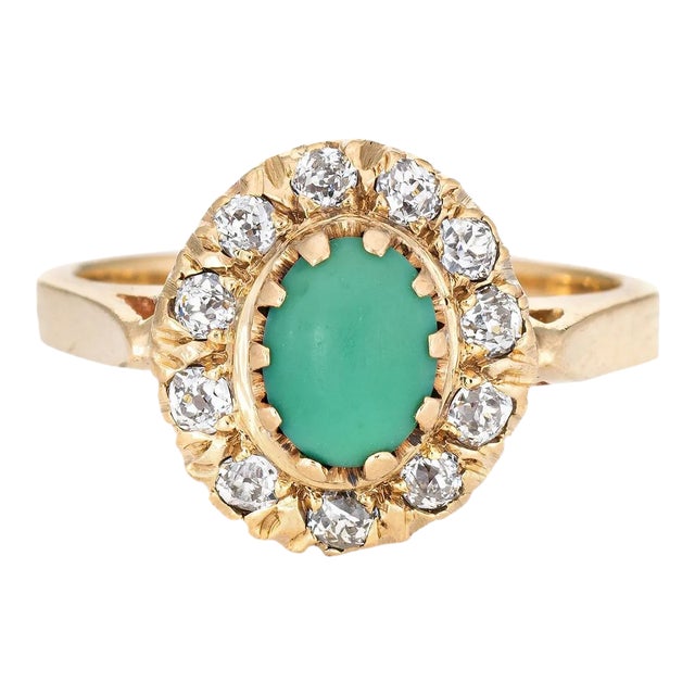 Antique Victorian Turquoise Diamond Ring Vintage 14 Karat Gold Mine Cut Halo size 6 For Sale