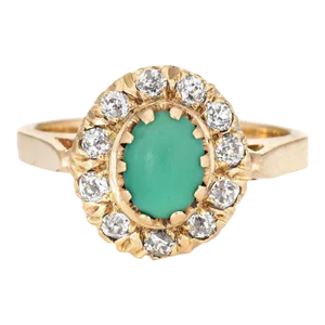 Antique Victorian Turquoise Diamond Ring Vintage 14 Karat Gold Mine Cut Halo size 6