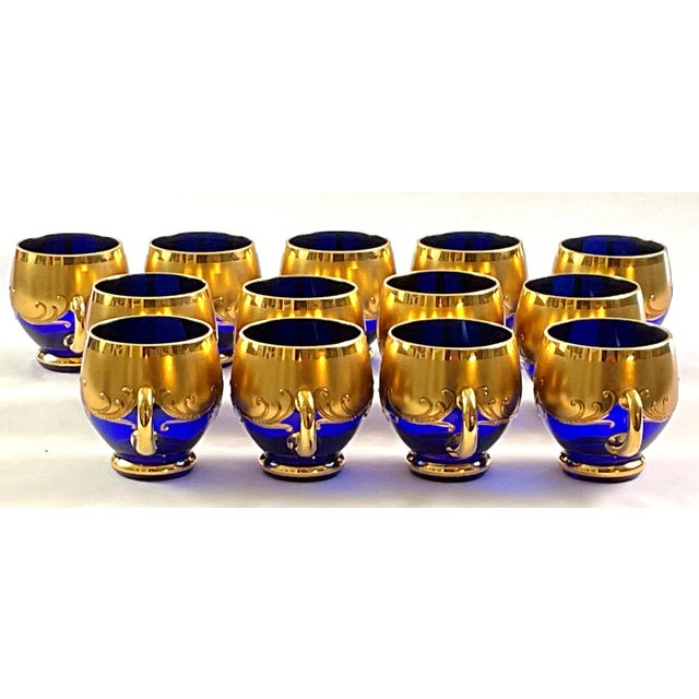 Early 20th Century Bohemian-Hand Blown and Cut, Cobalt Blue, 24 Karat Gold Encrusted Punch Bowl Set- With Enameled Three Dimensional Flowers - 15pcs For Sale - Image 6 of 11