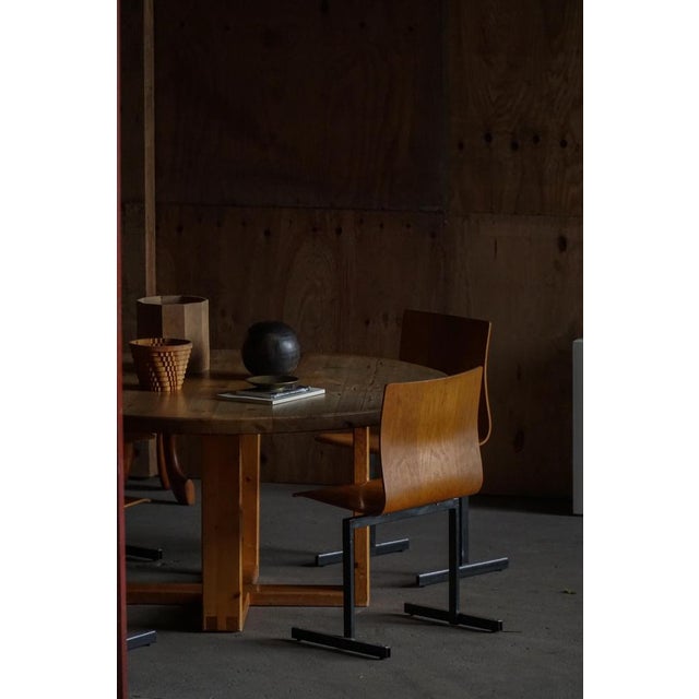 Industrial Stackable Chairs in Black Metal and Oak attributed to Niels Larsen, 1960s, Set of 6 For Sale - Image 11 of 18