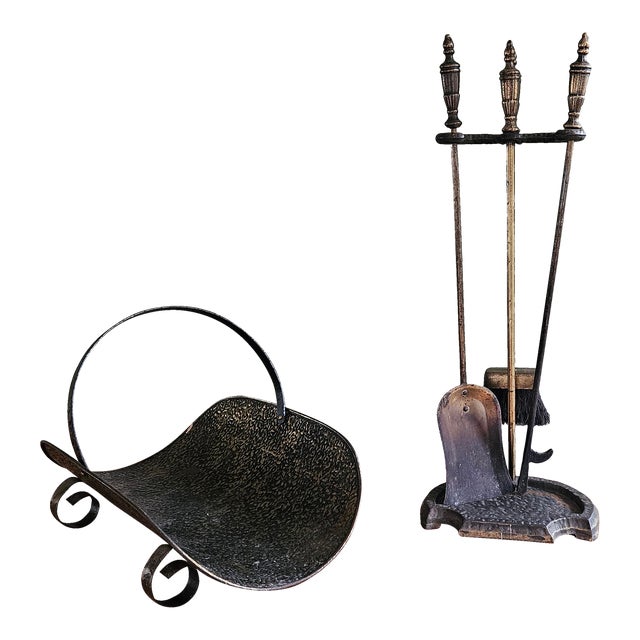 Vintage Brass and Iron Fireplace Set - 4 Pieces For Sale