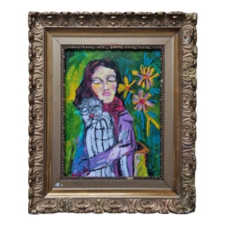 Mid-20th Century Signed - Expressionist Figure With Cat, Oil on Canvas. For Sale