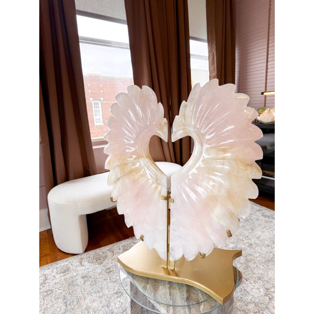 Monumental Rose Quartz “Winged Form” Sculpture With Golden Healer Inclusions – 28.5” Statement Piece For Sale - Image 14 of 18