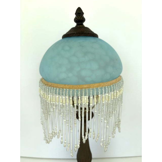 1940s Art Nouveau Boudoir Lamp With Blue Satin Glass Shade & Beaded Fringe 15-1/2” For Sale In Orlando - Image 6 of 7