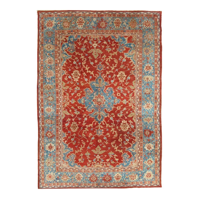 Antique Persian Sultanabad Carpet, Handmade Oriental Rug, Red, Light Blue & Gold For Sale