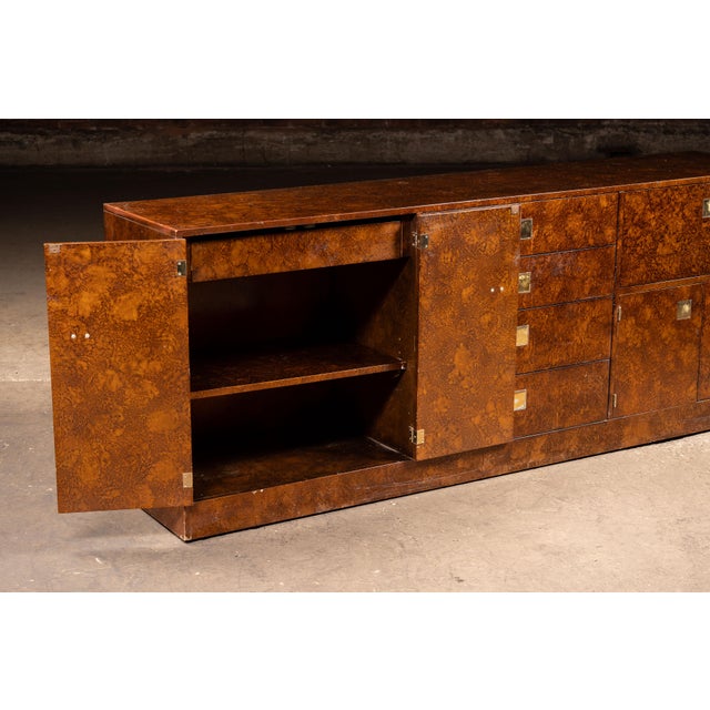 Brown 1930s Art Deco Burled Walnut Credenza With Brass Hardware For Sale - Image 8 of 18