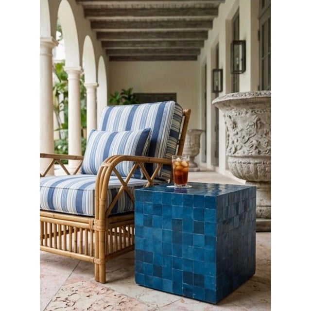 Blue Vintage Moroccan Deep Blue Zellige Terracotta Tile Cube Side Table For Sale - Image 8 of 12