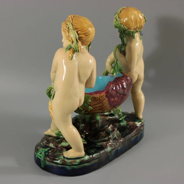 Minton Antique Minton Majolica Putti Shell Carriers For Sale - Image 4 of 13