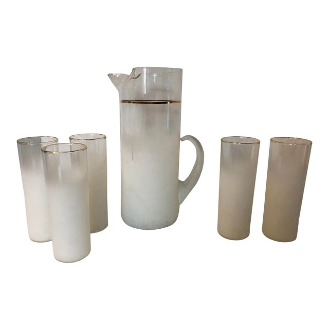 Midcentury Frosted Pitcher & Glasses Lemonade 6 Pieces Set For Sale