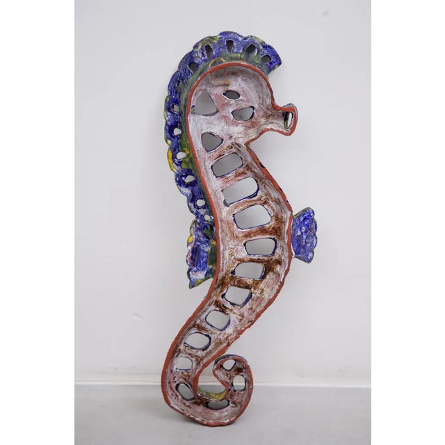 Blue Vintage Blue Glazed Seahorse Wall Sculpture, 1970s For Sale - Image 8 of 10
