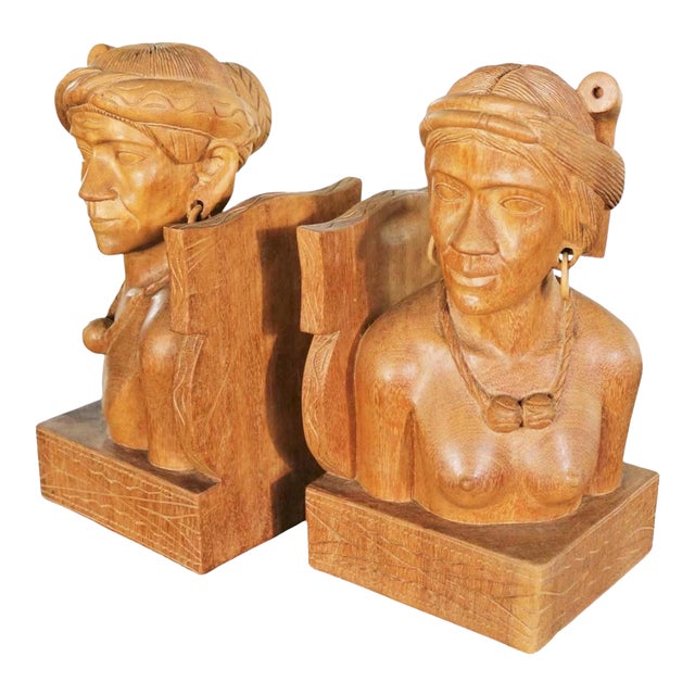Vintage Tribal Figural Bookends Male and Female Hand Carved Wood- A Pair For Sale