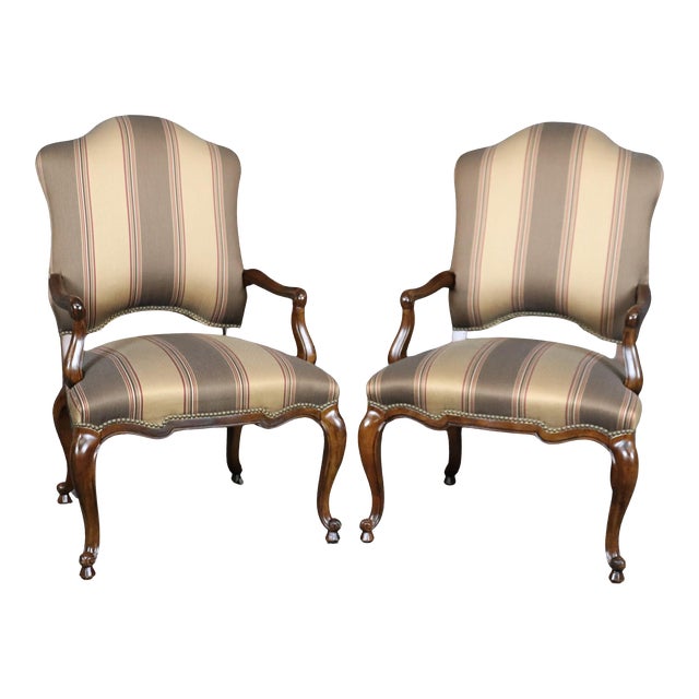 Pair of Gorgeous Century French Louis XV Walnut Armchairs Striped Upholstery For Sale