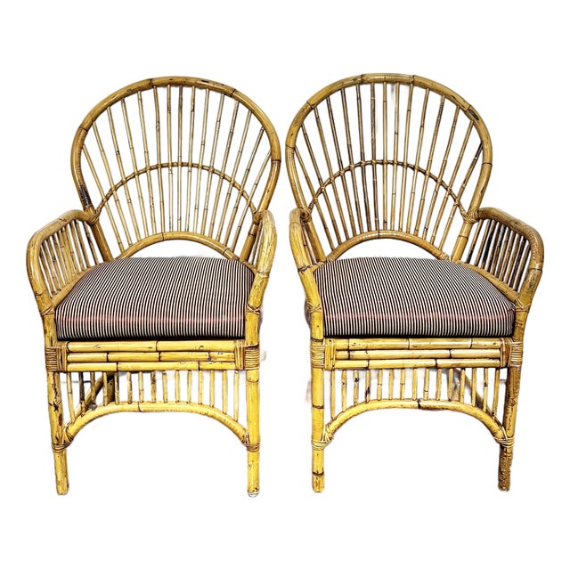 Vintage Rattan Bamboo Fan Back Chairs- A Pair For Sale