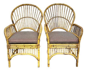 Vintage Rattan Bamboo Fan Back Chairs- A Pair