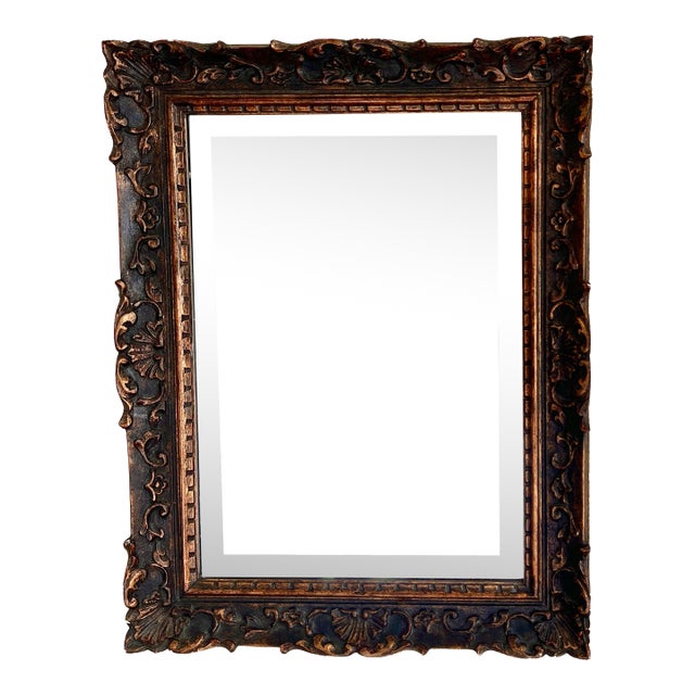 1990s Beveled Ornate Carved Wood Wall Mirror For Sale
