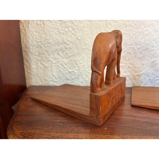 Vintage Wooden Carved Elephant Bookend Pair For Sale - Image 4 of 8