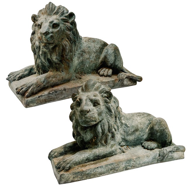 Grand Scale Vintage Continental European Patinated Bronze Recumbent Lions - Pair For Sale - Image 18 of 18