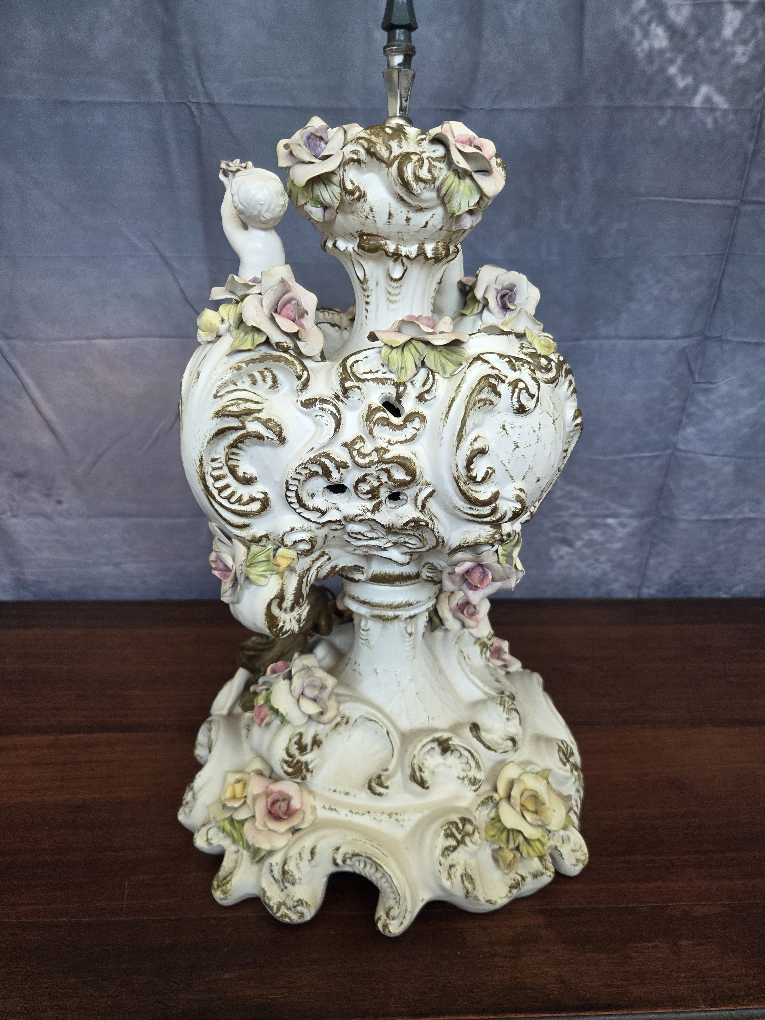 1960s Azzolin Brothers Porcelain Figural & Floral Table Lamp W