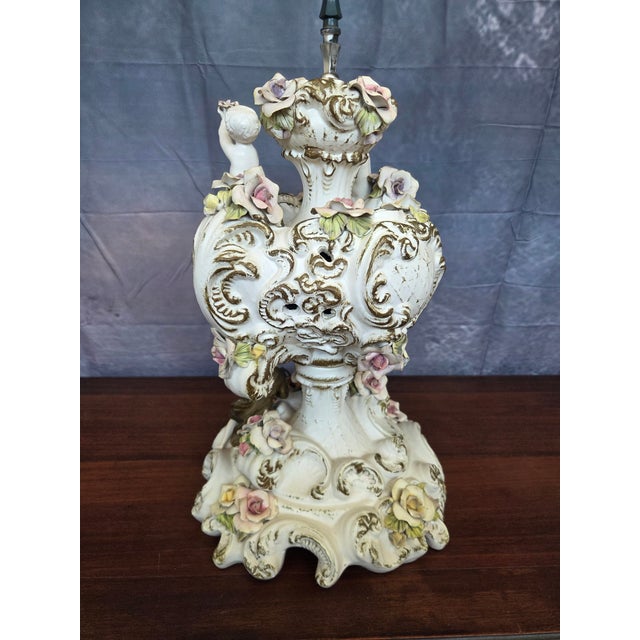 1960s Azzolin Brothers Porcelain Figural & Floral Table Lamp W/ Fringe Shade For Sale - Image 9 of 10