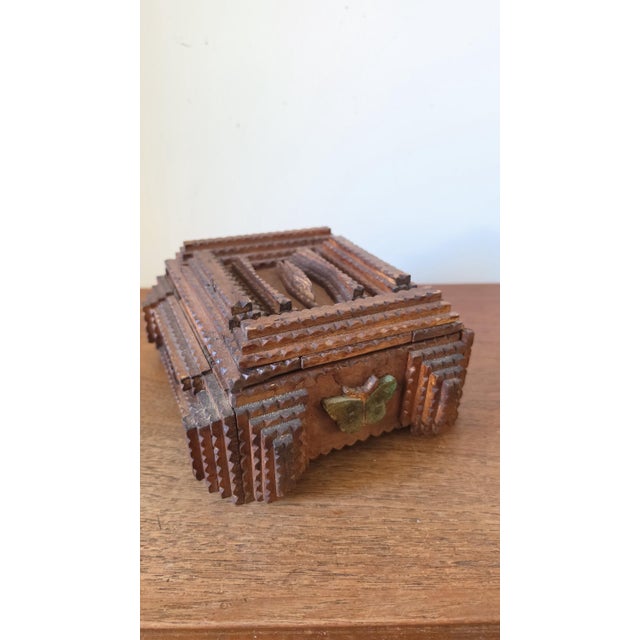 Coffee Vintage Tramp Art Wooden Box, Hand Carved Folk Art Jewelry Box, Layered Chip Carved Rustic Storage Box, Primitive Decor For Sale - Image 8 of 9