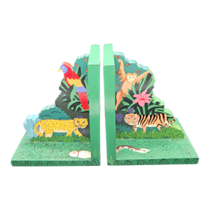 Vintage Jungle Theme Parrot Tiger Monkey Wood Bookends Childrens Folk Art