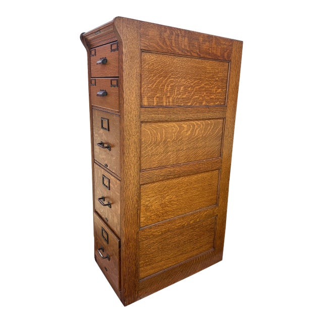 Antique Five Drawer Oak and Brass File Cabinet Yawman & Frbe MFG Co. For Sale