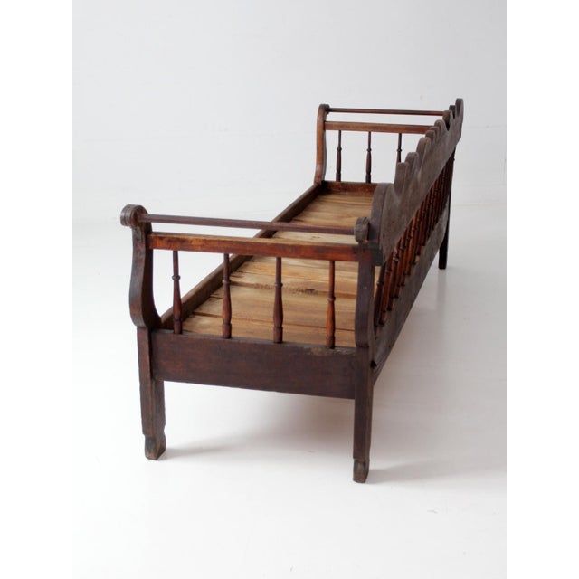 Late 19th Century Antique 19th Century Wooden Spindle Back Bench With Scalloped Crest Rail For Sale - Image 5 of 18