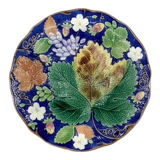 Wedgwood Majolica 'Vine & Strawberry' Plate on Cobalt Ground, Dated 1878 For Sale