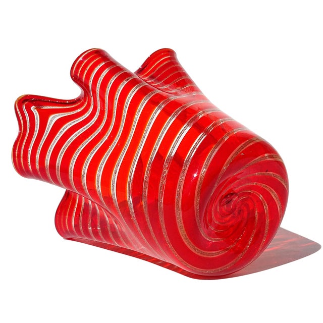 Ruby Red Murano Bright Red Aventurine Ribbons Italian Art Glass Vintage Sculptural Fazzoletto Mini Flower Vase For Sale - Image 8 of 8