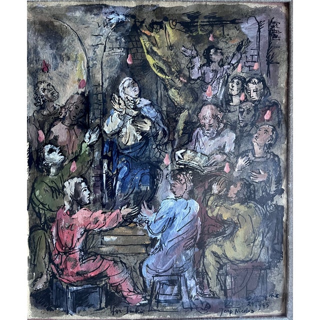 Religious Joep Nicholas-Original Custom Framed Gouache Painting-1945 For Sale - Image 3 of 4