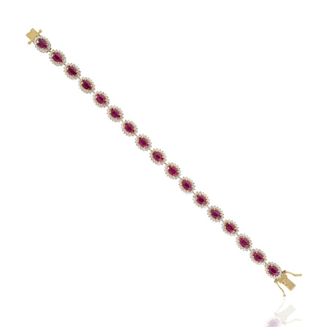 Metal 8.83ct Oval Cut Natural Red Ruby and Diamond Tennis Bracelet in 14k Yellow Gold For Sale - Image 7 of 18