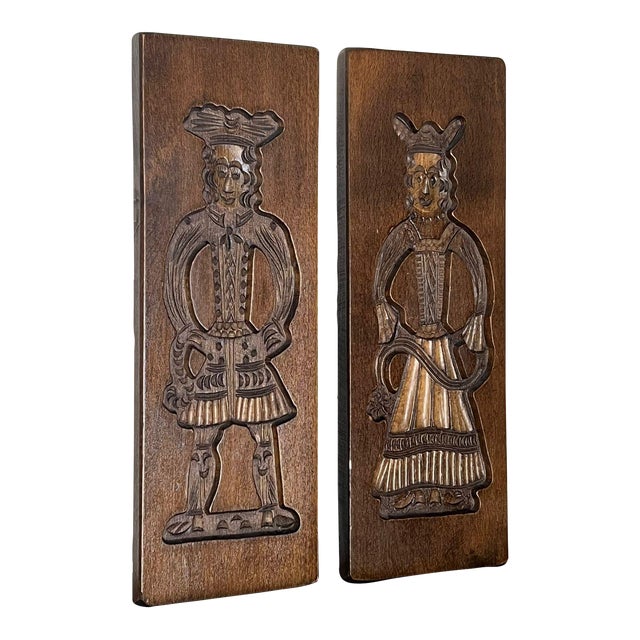 1970s Hand Carved Wooden Folk Art Traditional Cookie Board. Set of 2 For Sale