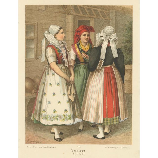 Spreewald folk costumes, prussia, women in traditional dress, c.1875 this finely coloured chromolithograph depicts three...