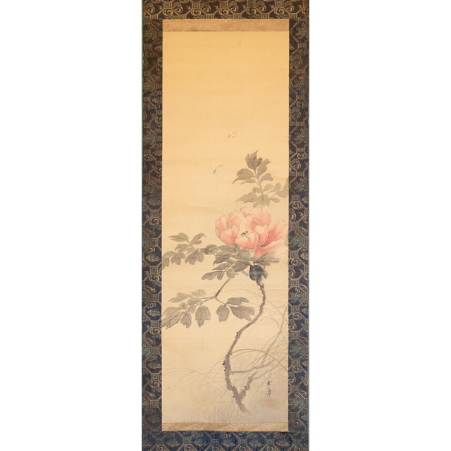 "Peony Flower and Butterflies" by Kawabata Gyokusho, Meiji Era Japanese Silk Scroll Painting For Sale - Image 15 of 16