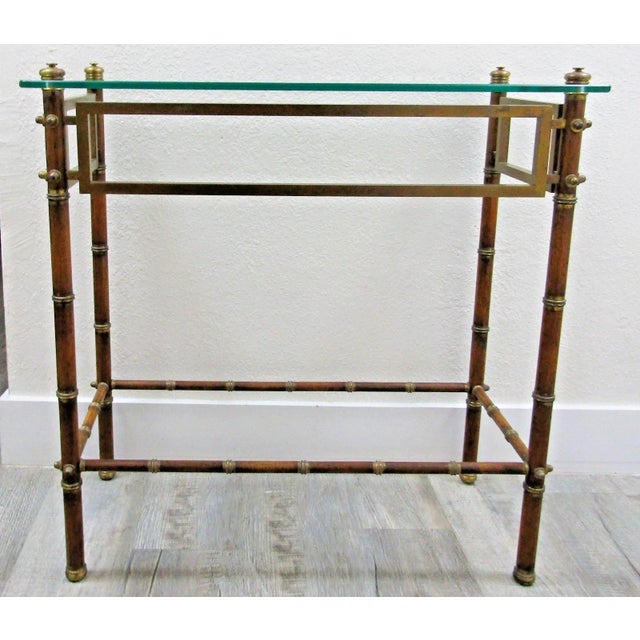 Mid-Century Modern Mid-Century French Glass Top Faux Bamboo Wood and Brass Side Table Attributed to Maison Baguès For Sale - Image 3 of 18