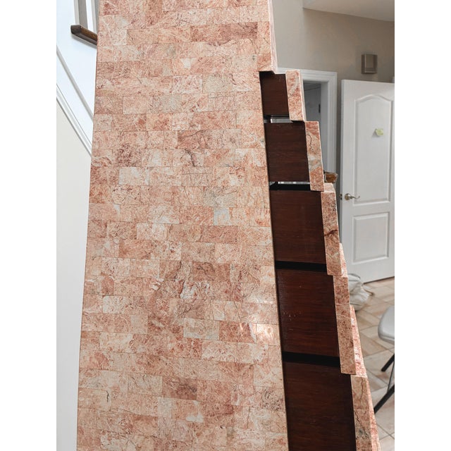 Wood 1980s Maitland Smith Obelisk Pyramid Tessellated Tall Chest of Drawers Finished on All Sides (Plaque Inside Drawer) For Sale - Image 7 of 8