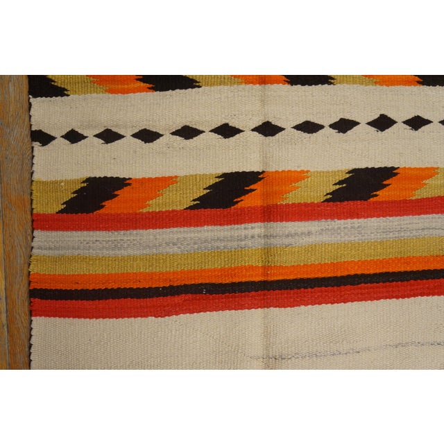 1930s Ivory Cream Geometric Stripe Antique American Navajo Rug Flat Woven 4'2" X 6'2" Wool Carpet For Sale - Image 4 of 6