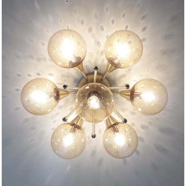 Fabio Ltd Daisy Satin Brass Amber Bubbles Globe Flush Mount by Fabio Ltd For Sale - Image 4 of 4