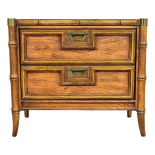 Mid-Century Hollywood Regency Campaign Carved Walnut Faux Bamboo Nightstand by Stanley, Circa 1960s For Sale