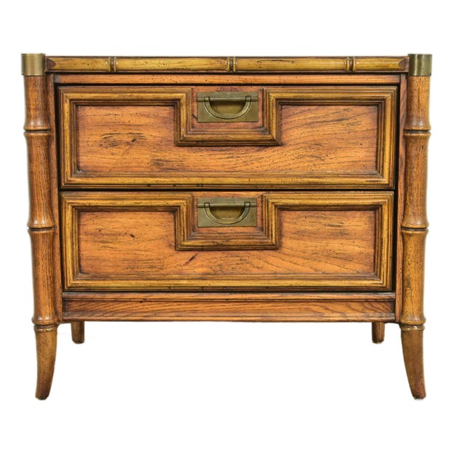 Mid-Century Hollywood Regency Campaign Carved Walnut Faux Bamboo Nightstand by Stanley, Circa 1960s For Sale