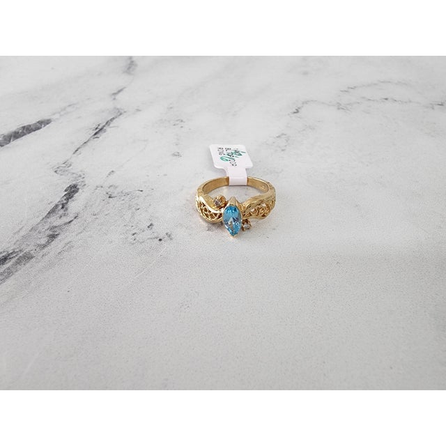 Marquise Blue Topaz Ring with Diamond Accents 14k Yellow Gold, Size 6 For Sale - Image 4 of 6